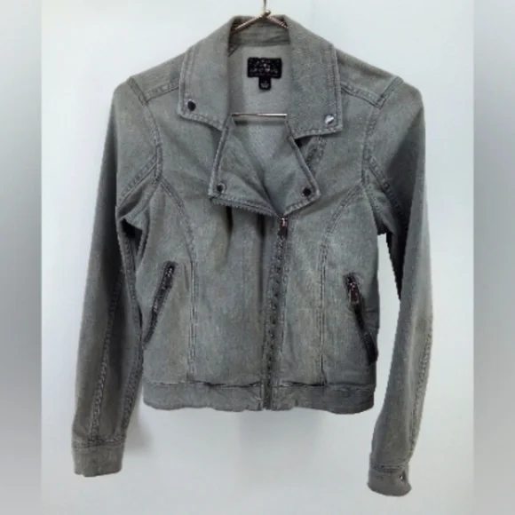 Lucky Brand Gray Denim Moto Jacket Zip Up Faded Small Cotton Blend